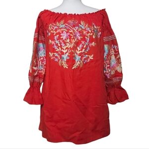 Free People Fleur Du Jour Embroidered Off Shoulder Mini Dress in Red Pockets